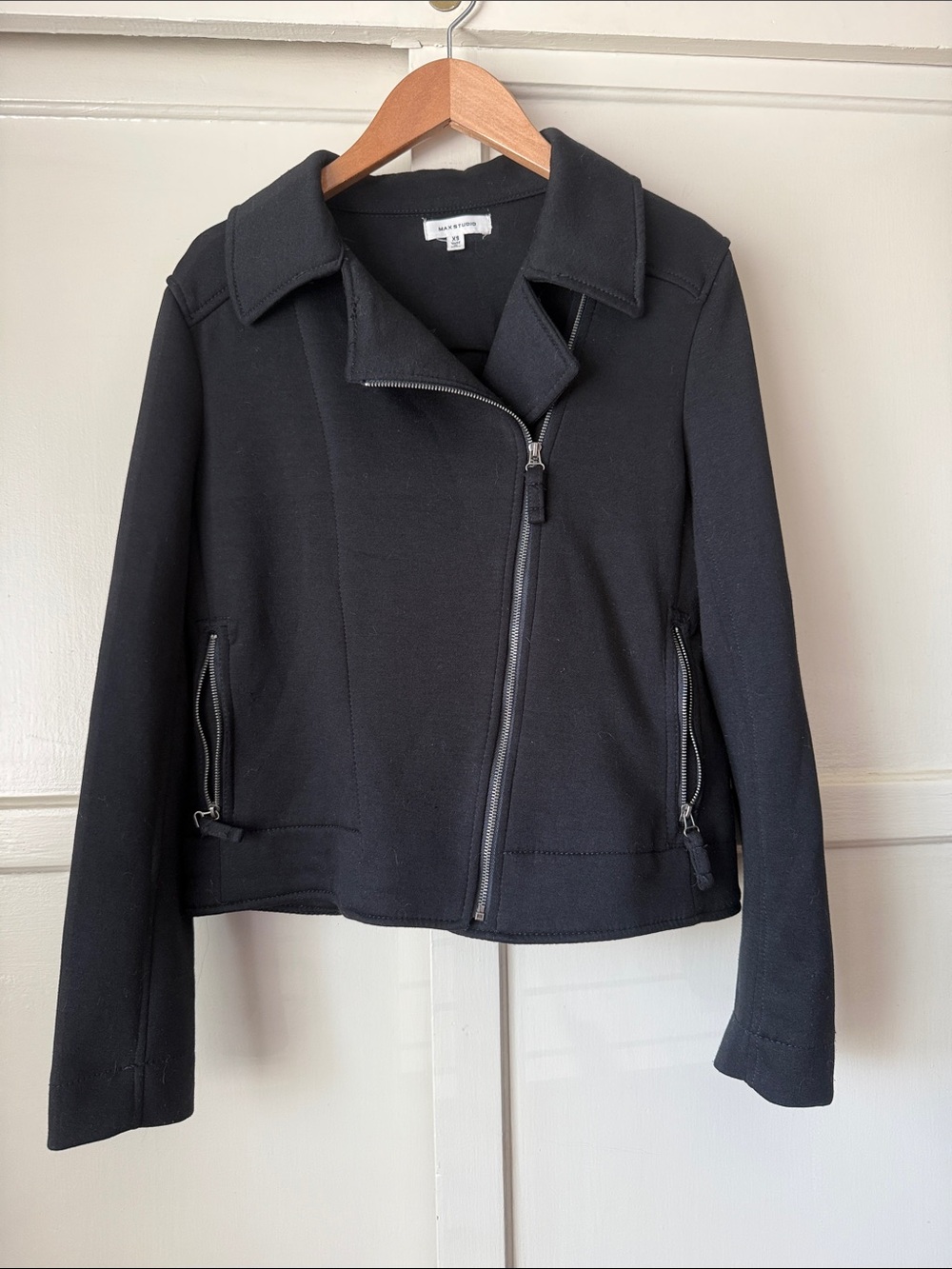 Max Studio Comfy Stretchy Black Asymmetrical Zip Moto Jacket